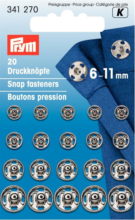 PRYM Tryckknappar (fastsys), mässing silverfärgade 6-11 mm 20 st
