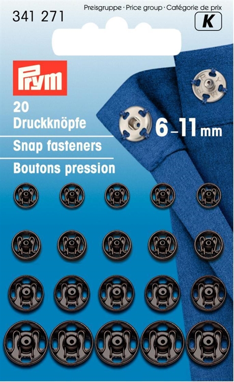 PRYM Tryckknappar (fastsys), mässing svart 6-11 mm 20 st