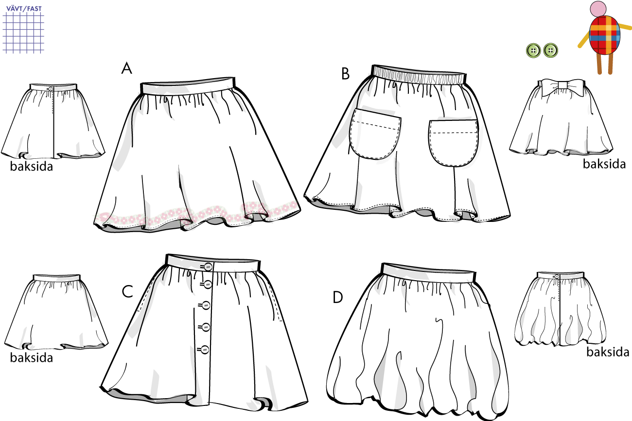 Kjol, barnstorlekar 2V10, 68-140 cl