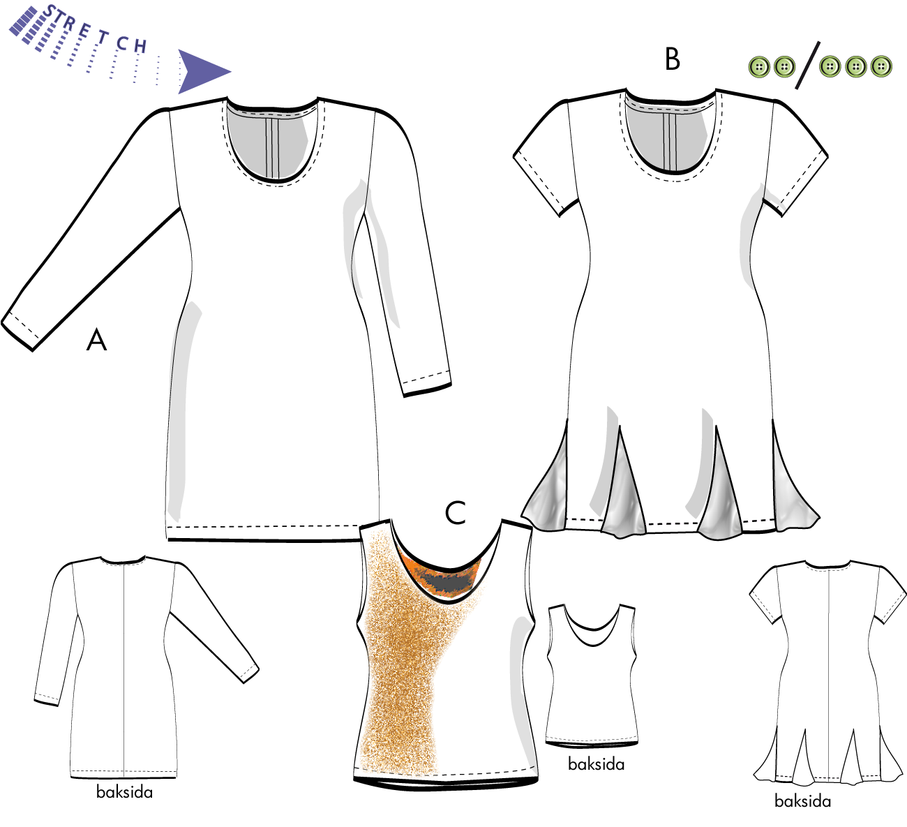 Klänning för stretchjersey 5V09, 36-46.